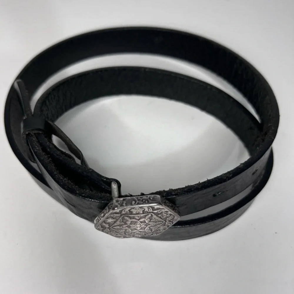 Vintage Nordstrom Ibel Pewter Buckle Black Leather Belt Made In Italy 32